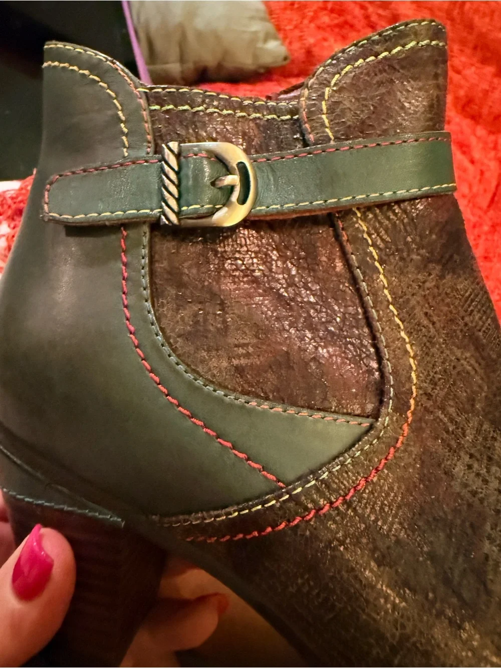 Women's Green Leather Ankle Booties with Decorative Buckle